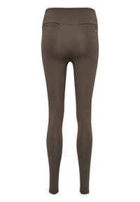 Bruna stretchleggings med hög midja, med en slät yta och subtil logotypdetalj på vänster underben.