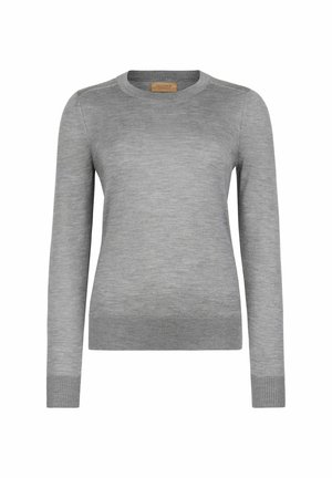 Grå langærmet sweater med rund halsudskæring, lavet af blødt strikmateriale; har ribkantede ærmer og kant for teksturkontrast.