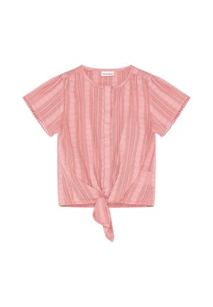Rosa Kurzarmbluse mit vertikalen Streifen, Blumenmustern, vorderem Knotendetail und gewellten Ärmelsäumen.