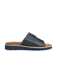 Navy leather slide sandal with a cross-strap design, textured footbed, and a sturdy blue rubber sole featuring a ridged pattern.