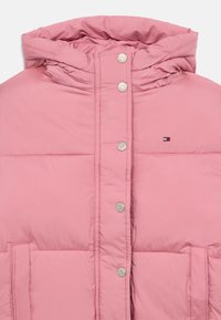 Rozā pūkaina jaka ar augstu apkakli, sudraba spiedpogām, divām priekšējām kabatām un mazu logotipa uzlīmi kreisajā krūtīs.