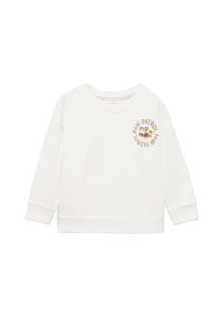 Sweat-shirt blanc à col rond avec des manches longues, présentant un graphique "Paw Patrol" imprimé en couleur sur le devant, en tissu texturé, et avec des poches latérales.