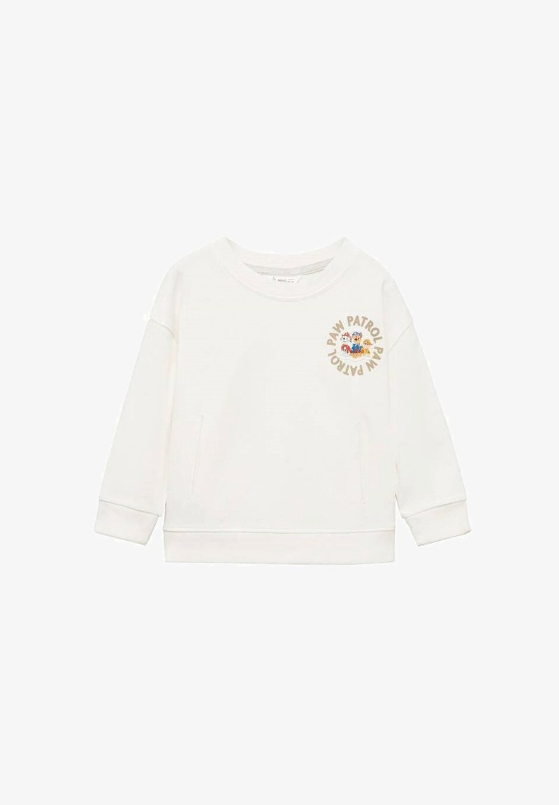 Valkoinen crew-neck-huppari pitkillä hihoilla, jossa on edessä värikäs "Paw Patrol" -grafiikka, teksturoitu kangas ja sivutaskut.