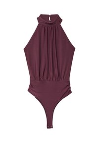 Brezrukavni bodysuit u boji šljive s visokim izrezom, naboranim prednjim dijelom, kopčanjem na gumb na vratu i dugmadi za zakopčavanje u preponama, položen na bijeloj pozadini.