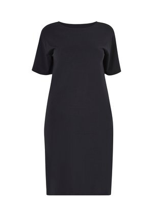 Schwarzes Kurzarmkleid mit lockerem Schnitt, rundem Ausschnitt und glatter Textur. Knielang, minimalistisches Design ohne Verzierungen.