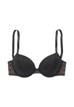 Schwarzer gepolsterter BH mit verstellbaren Trägern und Spitzen-Mesh-Seiten, gestaltet für Unterstützung und Stil.