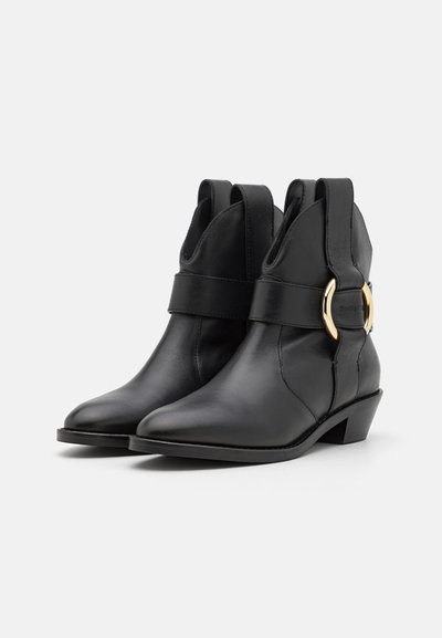Botine negre din piele, cu vârful ascuțit, având o curea lată și detalii metalice aurii. Toc ușor ridicat cu un finisaj neted.