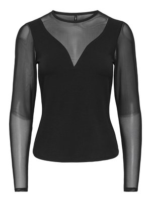 Sort genser med lange ermer i gjennomsiktig mesh på ermene og øvre del av brystet, med en dyp V-formet solid svart halsåpning.