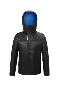 Doudoune noire isolée avec doublure de capuche bleue, fermeture éclair avant et logo "Millet" sur la poitrine, présentée sur un fond blanc.