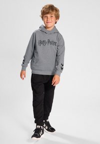 Grijze hoodie met "Harry Potter" opdruk, zwarte accenten op de mouwen, gedragen met zwarte joggingbroek en zwarte sneakers met witte details.