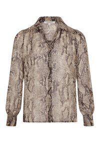 Doorzichtig blouse met een slangenhuidpatroon in bruin- en beigetinten. Voorzien van een klassieke kraag, een knoopsluiting aan de voorkant en opbollende lange mouwen.