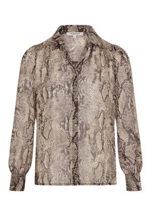 Doorzichtig blouse met een slangenhuidpatroon in bruin- en beigetinten. Voorzien van een klassieke kraag, een knoopsluiting aan de voorkant en opbollende lange mouwen.
