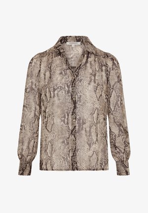 Sheer blouse with a snakeskin pattern in shades of brown and beige. Features a classic collar, button-up front, and puffed long sleeves.