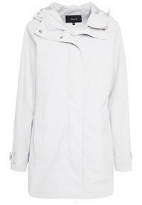 Světle šedá nepromokavá bunda s odnímatelnou kapucí, zapínáním na zip a patentky a nastavitelnými manžetami. Hladký povrch s minimem švů.