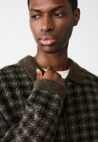 Brūns rakstains adīts džemperis ar faktūru, ar tumšu apkakli un rāvējslēdzēja detaļām, uz neitrāla fona.