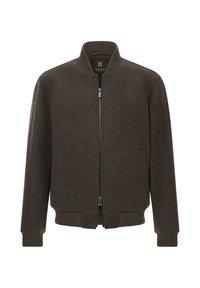 Tmavě zelená bomber bunda vyrobená z texturované látky, se zapínáním na zip vpředu, ribbeným límcem, manžetami a lemem. Minimalistický design s bočními kapsami.