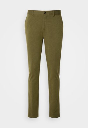 Pantalons vert olive avec une texture lisse, coupe slim, dotés d'une fermeture à un bouton et de passants de ceinture, conçus pour un usage décontracté.