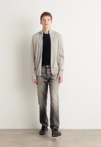 Giacca bomber grigia chiara sopra una maglietta nera, abbinata a jeans grigi strappati e scarpe nere. Design semplice con una vestibilità rilassata.