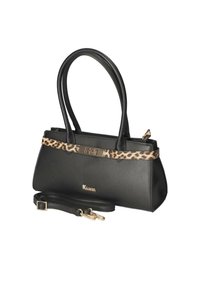 Sac à main noir en cuir texturé, avec une bandoulière ornée d'un imprimé léopard et des accents en métal doré. Comprend des poignées supérieures et une bandoulière.
