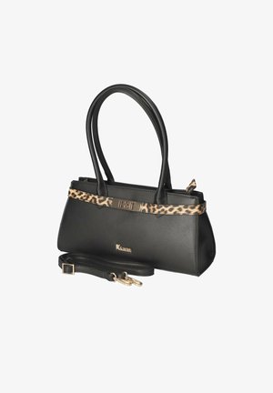 Sac à main noir en cuir texturé, avec une bandoulière ornée d'un imprimé léopard et des accents en métal doré. Comprend des poignées supérieures et une bandoulière.