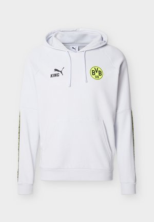 Hvit hettegenser med gul BVB 09-logo, svart Puma-logo, "KING"-tekst, kengurulomme og gult-svart mønstrede striper på ermene.