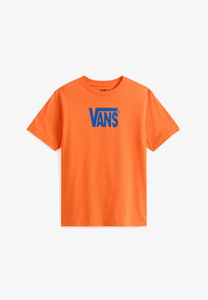 Orange bomulds T-shirt med rund hals, med et blåt Vans-logo trykt foran. Korte ærmer og et almindeligt fit design.