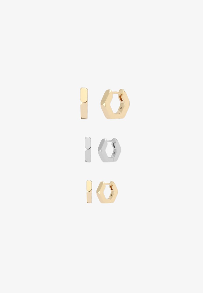 Three pairs of hexagonal hoop earrings in gold and silver, each shown both closed and open on a white background.
