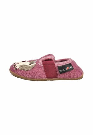 Pantofole per bambini in feltro rosa con suola marrone, motivo a faccia di animale sulla punta e cinturino elastico sulla parte superiore con etichetta Haflinger.