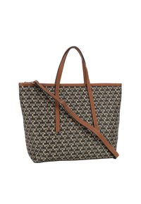 Borsa a tote in canvas nera con un motivo geometrico color beige chiaro, dotata di manici in pelle marrone e di una tracolla removibile.