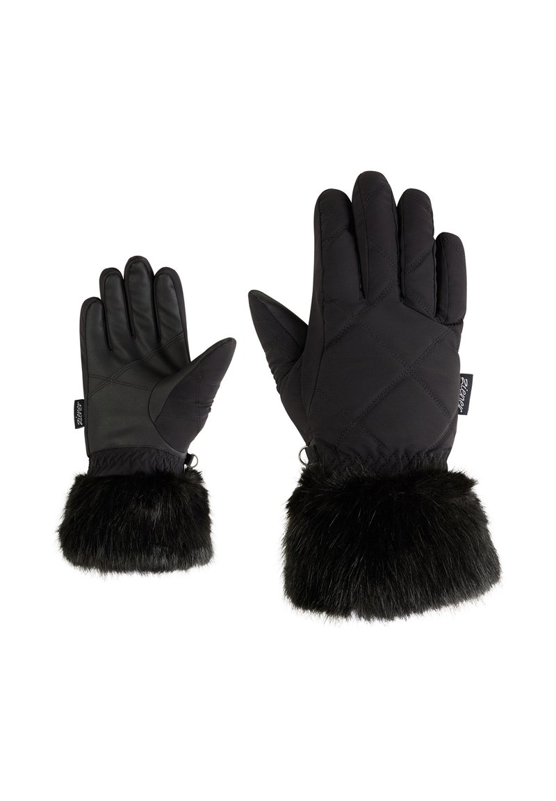 Black quilted gloves with faux fur cuffs, leather palms, and a sleek design. Features reinforced stitching and a soft texture.