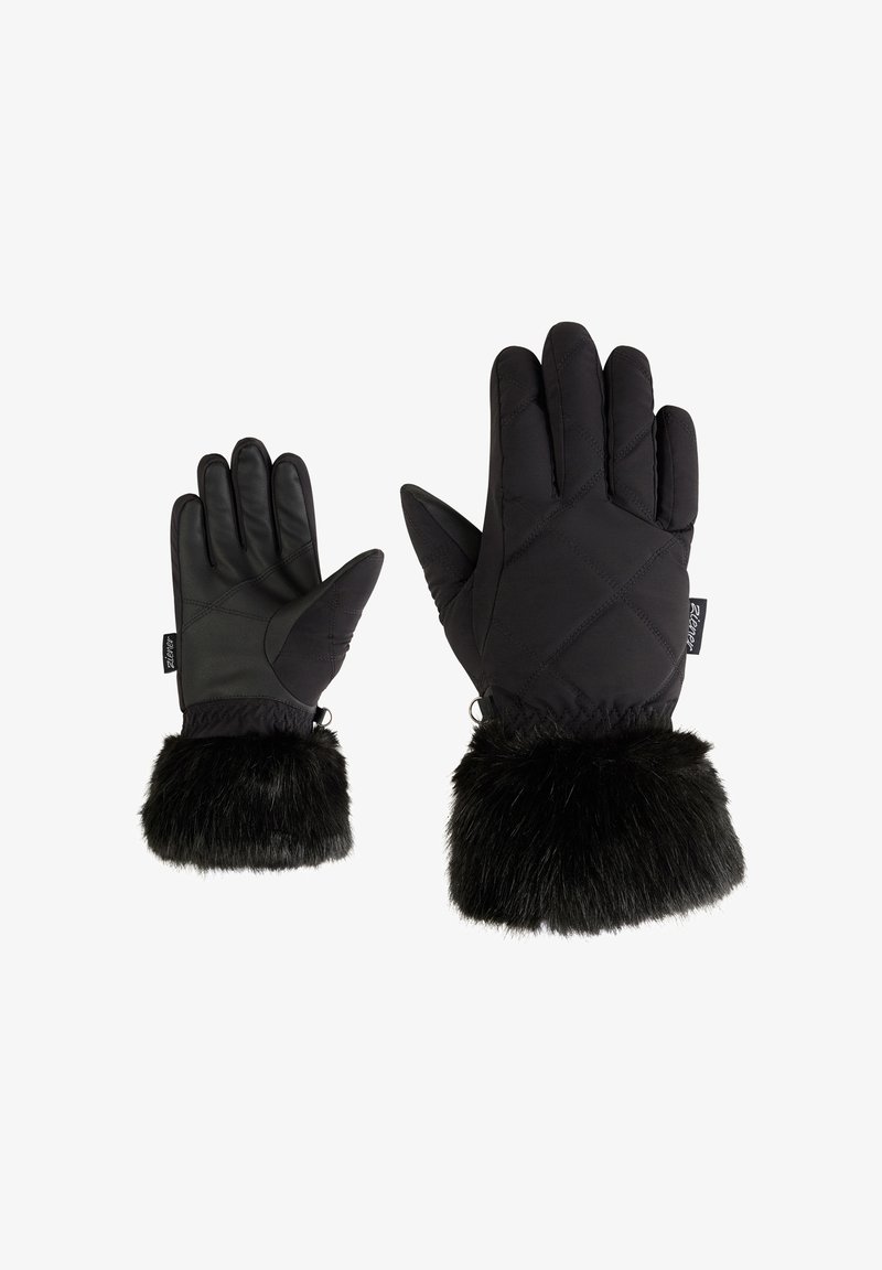 Black quilted gloves with faux fur cuffs, leather palms, and a sleek design. Features reinforced stitching and a soft texture.