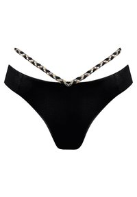 Czarna dolna część bikini z gładkiego materiału, V-kształtnym przodem i plecionymi detalami pasków w kolorze czarnym, złotym i srebrnym. Minimalistyczny design.