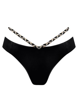 Czarna dolna część bikini z gładkiego materiału, V-kształtnym przodem i plecionymi detalami pasków w kolorze czarnym, złotym i srebrnym. Minimalistyczny design.