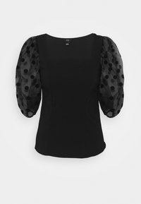 Czarna bluzka o dopasowanej sylwetce, kwadratowym dekolcie i przezroczystych bufiastych rękawach w czarne kropki. Gładka tekstura głównego materiału.