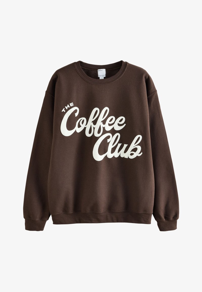 Sweat-shirt marron foncé à col rond avec manches longues et texte blanc « The Coffee Club » sur le devant.