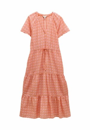 Rosa gemustertes Maxikleid mit kurzen Ärmeln, V-Ausschnitt und Bindegürtel. Mit gestuften Rüschen am Saum und einem floralen geometrischen Druck.