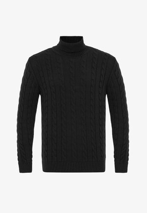Sort strikket højhalset sweater med kabelstrik mønster, ribbet manchetter og kant, lavet af blødt uld eller lignende tekstureret stof.