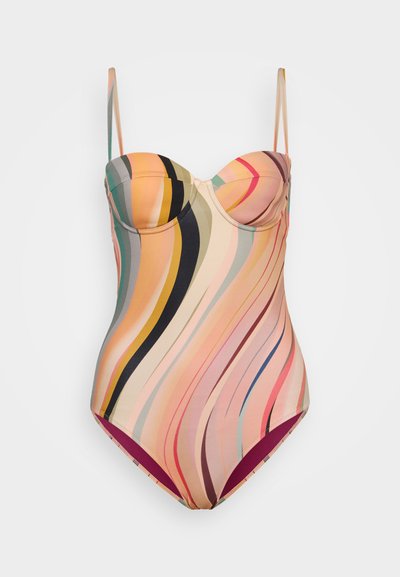 Fato de banho com um corpete estruturado, apresentando riscas onduladas multicoloridas em tons pastel e acentos escuros. Alças ajustáveis e interior forrado.