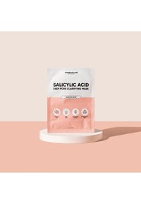 Die Verpackung der Salicylsäure-Tiefenporenreinigungsmaske zeigt ein weißes und pinkes Design mit Symbolen für Salicylsäure, tiefe Porenreinigung und biologisch abbaubares Tuch.