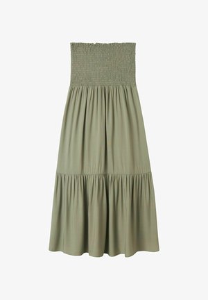 Zelené, tiered šaty s gumičkovaným živôtom a prúdnou, nariasenou sukňou. Tkanina pôsobí hladko a ľahko.