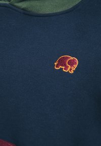Sweat à capuche bleu marine avec une doublure intérieure verte, ornée d'un petit logo éléphant brodé en bordeaux et orange. Texture de tissu douce.