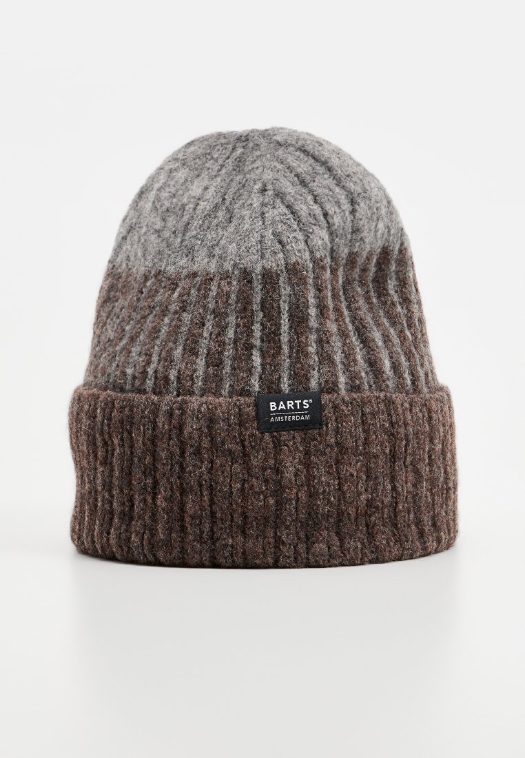 Czapka dzianinowa w odcieniach szaro-brązowych, z żeberkową fakturą, składanym mankietem oraz małą czarną metką marki "BARTS AMSTERDAM."