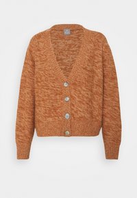 Žíhaný oranžový pletený cardigan s dlouhými rukávy, výstřihem do V, žebrovanými manžetami a lemem a čtyřmi velkými knoflíky vpředu.