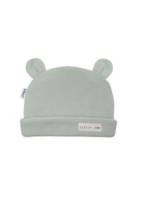 Hellgrüner, gerippter Babyhut mit Bärenohren, ausgestattet mit einem umgeschlagenen Bund und einem Etikett mit dem Text "little one" auf der Vorderseite.