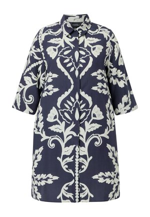 Mørkeblå knælange frakke med store hvide blomster- og bladmønstre, trekvartærmer og klassisk krave.