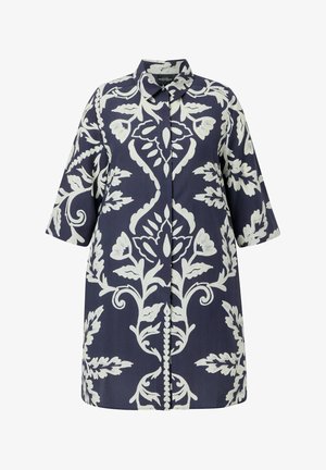 Dunkelblauer knielanger Mantel mit großen weißen Blumen- und Blattmustern, dreiviertellangen Ärmeln und klassischem Kragen.