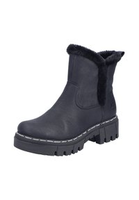 Czarny botek za kostkę wykonany z gładkiej skóry, z mankietem z sztucznego futra, wytrzymałą gumową podeszwą oraz białym przeszyciem wzdłuż krawędzi.