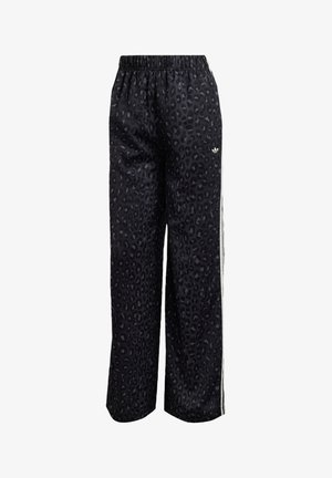 Črne športne hlače z vzorcem leoparda, elastičnim pasom in belimi stranskimi črtami. Narejene so iz gladkega, lahkega materiala.