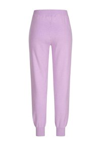 Lavendel joggers gemaakt van zachte, rekbare stof. Tapse boorden en een elastische tailleband voor comfort en een goede pasvorm. Soepele textuur, minimale details.