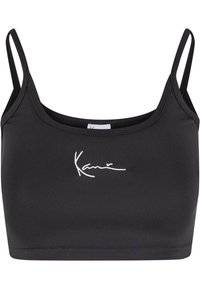 Bralet negru, ajustat, cu bretele subțiri, având un logo alb scris de mână pe față. Fabricat dintr-un material neted și elastic.